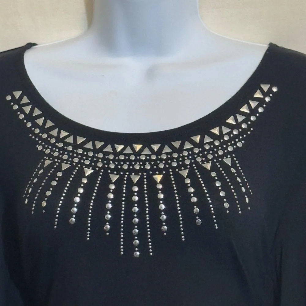 H-161 JM Collection Black Embellished Tie Front Long Sleeve Pullover Blouse‎ - Picture 5 of 14